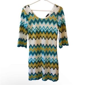 Fresh of LA Chevron Knit Boho Bell Sleeve Mini Dress Aqua Gold Metallic Small
